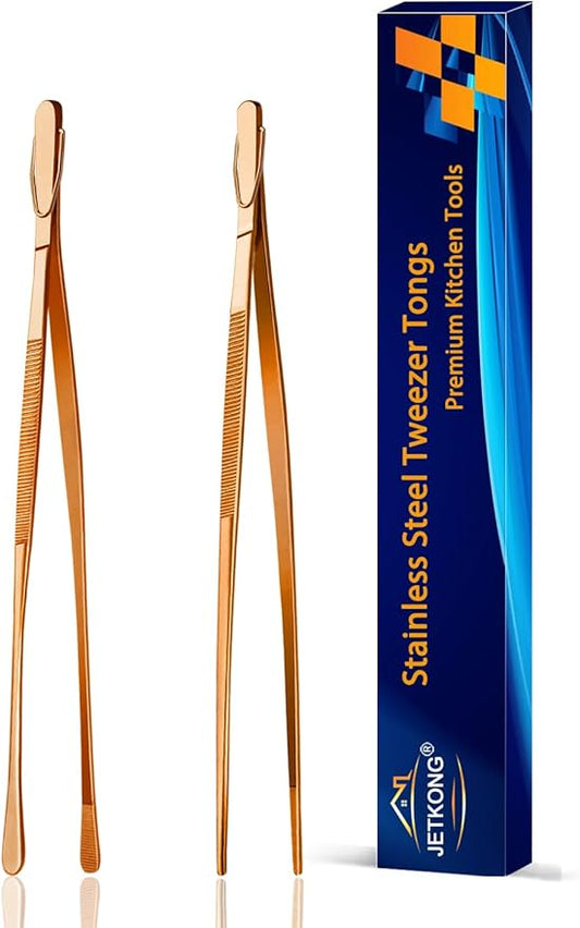 JETKONG 2 Pcs 9-Inch Kitchen Tweezers Cooking Tweezer Tongs Stainless Steel Food Tweezers (Rose Gold)