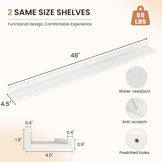 Dreamland Picture Ledge Shelf for Wall, Floating Shelves Set of 2, 48 Inch Long Floating Shelves with Lip for Living Room, Bedroom, Bathroom, Kitchen, White