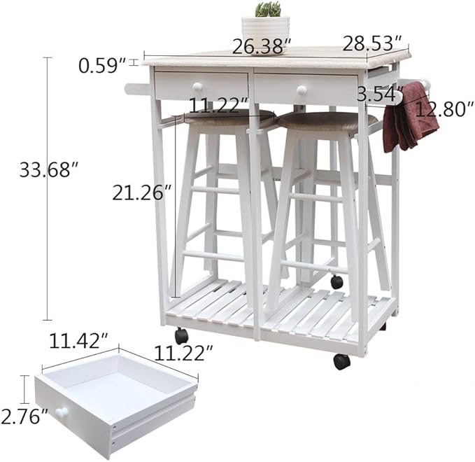 Kitchen Island Cart, Breakfast Cart with 2 Stools Drop Leaf and Folding Dining Cart on Wheels Space Saving Table for Apartment Dorm Living Room (White)