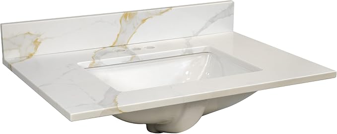 Design House Calesco Calacatta Quartz Bathroom Vanity Top, White with Taupe and Grey Veining, Pre-Mounted White Bowl, 31 in L x 22 in W x 12.5 in H, with Backsplash, 4 in Center Set, 227900-CC-CC