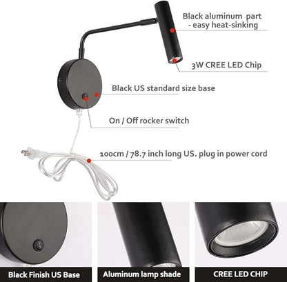 Joossnwell Wall Lights with Plug in Cord, Industrial Wall Lamps for Bedroom with on Off Switch Warm White 3000K Black-1 Pack