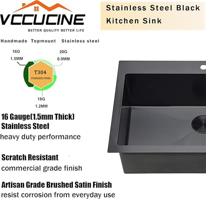 VCCUCINE 25 Inch Black Drop in Kitchen Sink,25x22 Inch Gunmetal Black Single Bowl Stainless Steel Basin Topmount Kitchen Sink,16 Gauge Metal Laundry Sink Black Small Kitchen Sink