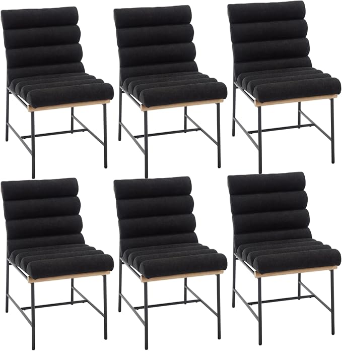 Modern Upholstered Dining Chairs Set of 6, Black Linen Dining Room Chairs with Tufted Back & Cushion, Comfy Armless Kitchen Chairs with Black Metal Legs for Dinner Living Room