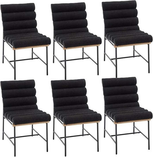 Modern Upholstered Dining Chairs Set of 6, Black Linen Dining Room Chairs with Tufted Back & Cushion, Comfy Armless Kitchen Chairs with Black Metal Legs for Dinner Living Room