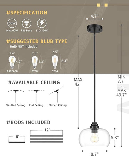 AUTELO Black Pendant Lights Kitchen Island, 1-Light Pendant Lights in Black Finish with Clear Glass, Modern Pendant Light Fixtures, Hanging Lamp for Kitchen Island H9385 BK-R