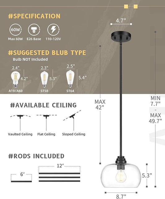 AUTELO Black Pendant Lights Kitchen Island, 1-Light Pendant Lights in Black Finish with Clear Glass, Modern Pendant Light Fixtures, Hanging Lamp for Kitchen Island H9385 BK-R