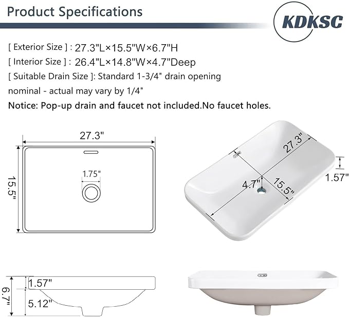 Bathroom Vessel Sink 27.3" X 15.5" Semi Recessed Bathroom Sink Rectangular Drop In Bathroom Sinks with Overflow White Ceramic Vessel Sinks for Bathroom Modern Above Counter Basin Vanity Sink