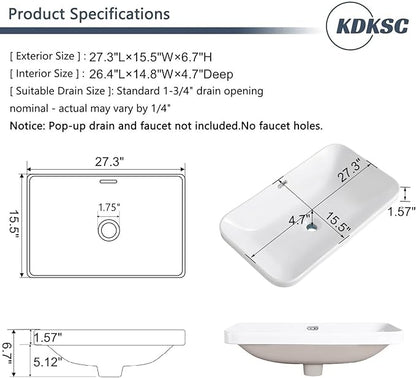 Bathroom Vessel Sink 27.3" X 15.5" Semi Recessed Bathroom Sink Rectangular Drop In Bathroom Sinks with Overflow White Ceramic Vessel Sinks for Bathroom Modern Above Counter Basin Vanity Sink