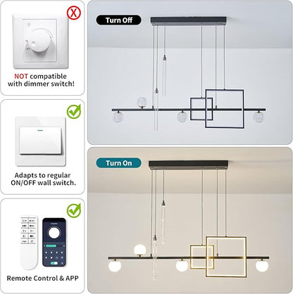 ORANOOR Modern LED Pendant Lights, 47in Dimmable Linear LED Chandelier Lighting, Square Black & Gold Dining Room Hanging Light Fixtures Kitchen Island Globe Pendant Light for Dining Table (4200lm)