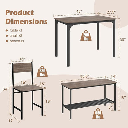 LDAILY Dining Table Set for 4, 4-Piece Wooden Kitchen Table and Chairs with Bench, Storage Rack & Metal Frame, Industrial Dining Room Table Set of 4 for Small Space, Apartment, Kitchen (Gray)