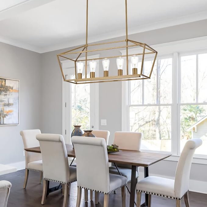VINLUZ 5 Light Modern Kitchen Island Light in Gold Finish,Industrial Hanging Pendant Lighting Fixture with Metal Frame Linear Lantern Chandelier for Dining Room Foyer Cafe Bar