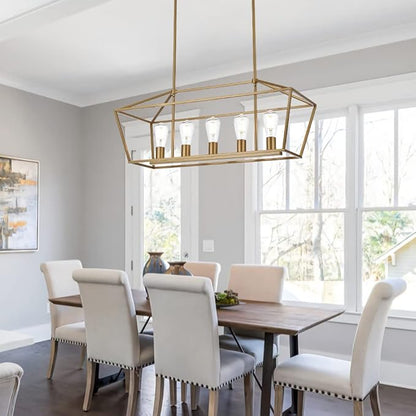 VINLUZ 5 Light Modern Kitchen Island Light in Gold Finish,Industrial Hanging Pendant Lighting Fixture with Metal Frame Linear Lantern Chandelier for Dining Room Foyer Cafe Bar