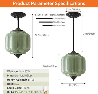 Milk Glass Pendant Light, 9 Inch Green 3 Color Adjustable Mid-Century Ceiling Light Fixture Schoolhouse Hanging Lamp Chandelier for Kitchen Dining Room Hallway Bedroom (Bulbs Included)