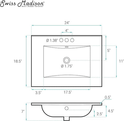24" Ceramic Vanity Top with Three Holes in Matte Black