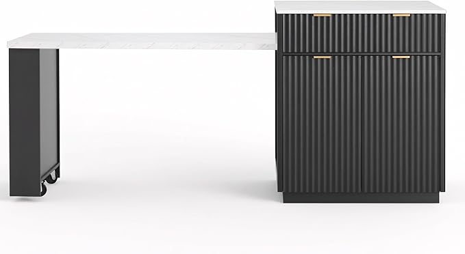 Modern Dining Table Expandable 82.6in Fluted Kitchen Island with, Power Outlet, Wood Console Table with Drawers for Living Room Dining Room Kitchen,Black-MDF