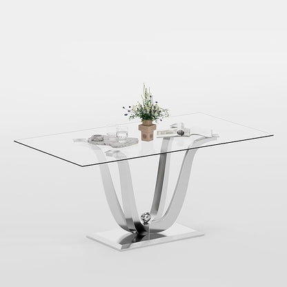 Luxury Silver Glass Dining Table for 6-8 Modern 70-Inch Rectangular Kitchen & Dining Room Table with Double U-Shape Stainless Steel Base Large Clear Glass Top Dining Table for Home Office