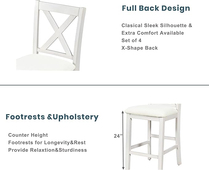 VilroCaz Farmhouse 5-Piece Dining Set, Compact Bar Pub Table With 3-Tier Shelf, Wooden Counter Height Table for 4, Perfect for Small Kitchen Dining Room (White-4 Chairs)