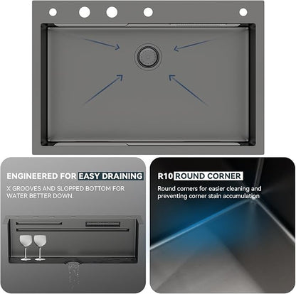 Lordear 30 Drop In Kitchen Sink with Faucet 30x22 Inch Black Waterfall Kitchen Sinks Topmount Stainless Steel 16 Gauge Single Bowl Workstation Kitchen Sink With Faucet Combo