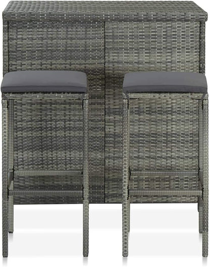 3-Piece Bar Table Set with Stools Gray PE Rattan Steel Bistro Set Indoor Outdoor Bar Furniture for Patio Kitchen Living Room
