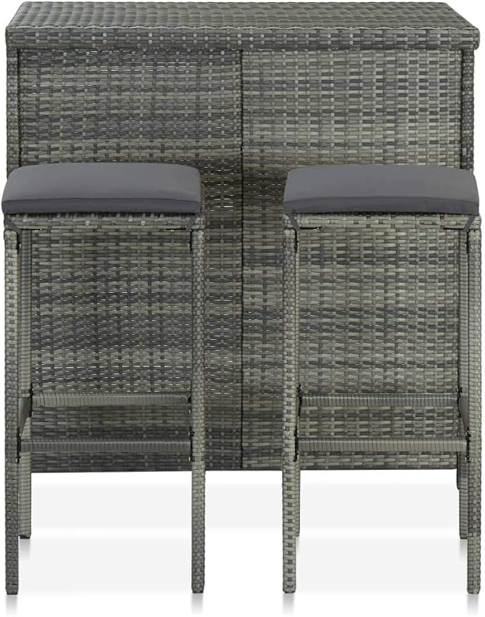 3-Piece Bar Set with Shelves PE Rattan Steel Frame Indoor Outdoor Gray Bistro Table and Stools Set for Small Space Kitchen Living Room