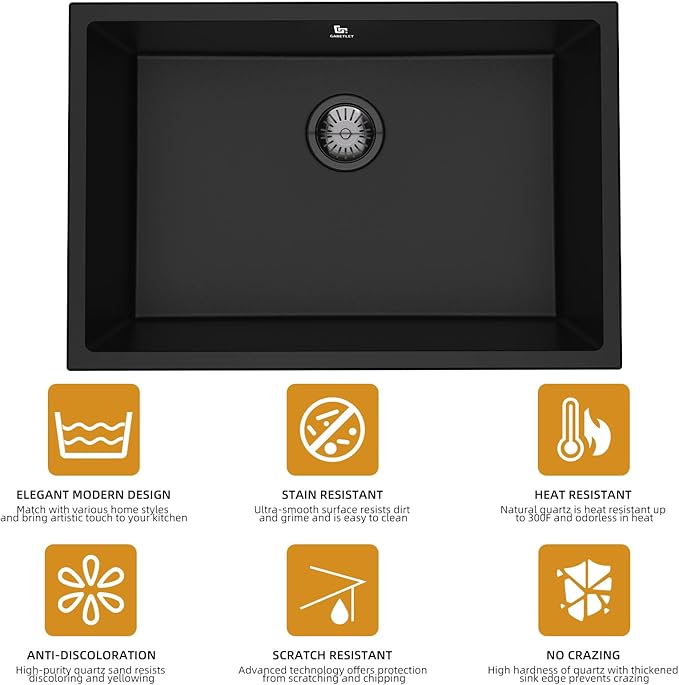 27-inch Granite Composite Kitchen Sink, GABETLET Undermount Quartz Kitchen Sinks with Spacious Workspace and Easy Cleaning, Black Single Bowl Deep Sink with Complete Accessories