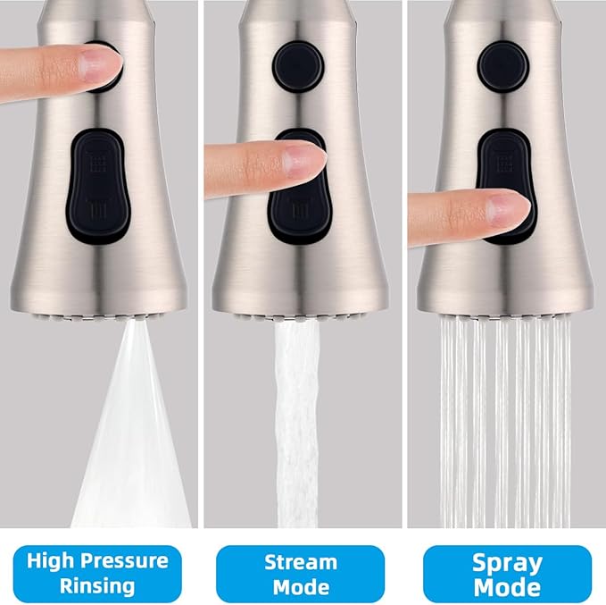 Hibbent Pull Down Kitchen Faucet Head Replacement, 3-Function NSF/ANSI/CAN 61 & CUPC Certified Sink Spray Nozzle, 15 Adapters, Compatible with Moen, Delta, Kohler Faucets, Brushed Nickel