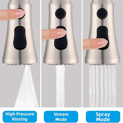 Hibbent Pull Down Kitchen Faucet Head Replacement, 3-Function NSF/ANSI/CAN 61 & CUPC Certified Sink Spray Nozzle, 15 Adapters, Compatible with Moen, Delta, Kohler Faucets, Brushed Nickel