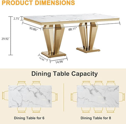 White Marble Dining Table for 4 6 8, Modern 68 Inch Kitchen Table with Faux Marble Top and Gold Dimaond Design Pedestal Base, Luxurious Rectangular Large Dining Room Table,Home Kitchen Furniture