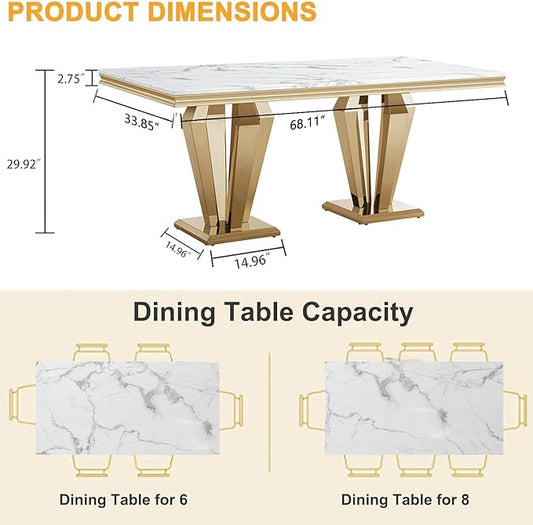 White Marble Dining Table for 4 6 8, Modern 68 Inch Kitchen Table with Faux Marble Top and Gold Dimaond Design Pedestal Base, Luxurious Rectangular Large Dining Room Table,Home Kitchen Furniture