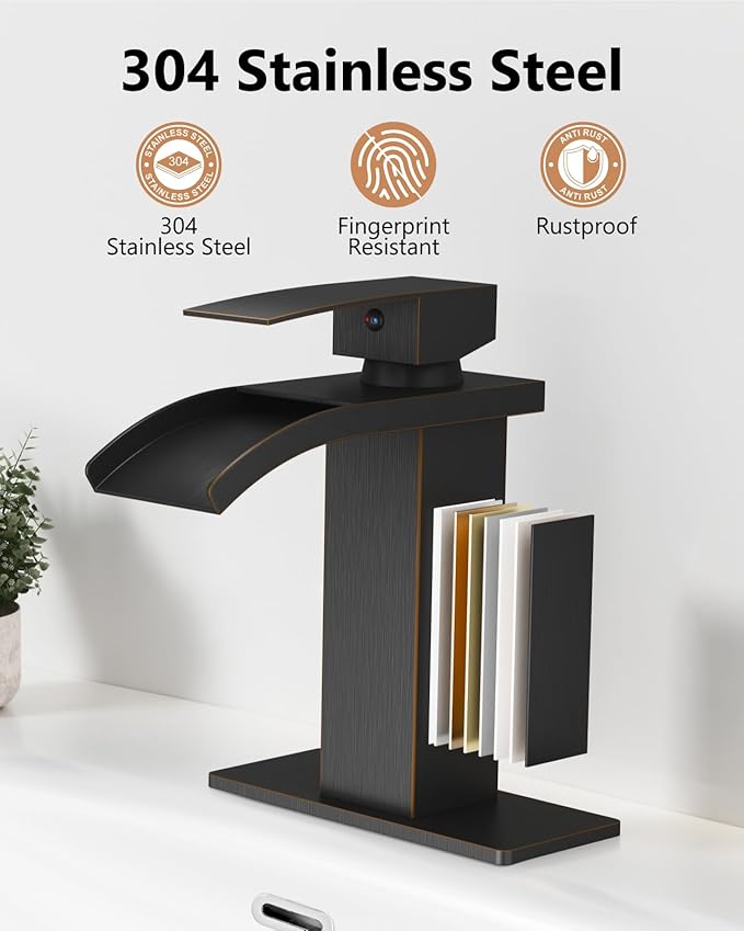 Waterfall Bathroom Faucet 1 Hole, Single Hole Bathroom Faucet, Single Handle Vanity Sink Faucet with Deck Plate, Pop-up Drain & Supply Lines, Oil Rubbed Bronze