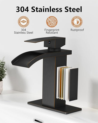 Waterfall Bathroom Faucet 1 Hole, Single Hole Bathroom Faucet, Single Handle Vanity Sink Faucet with Deck Plate, Pop-up Drain & Supply Lines, Oil Rubbed Bronze