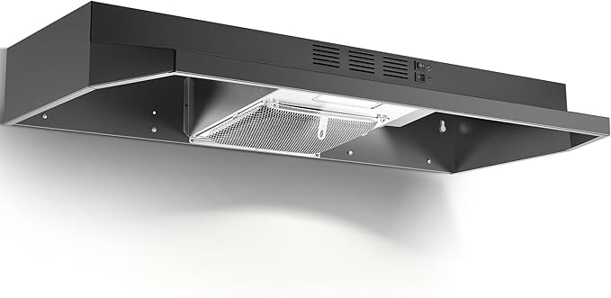 Under Cabinet Range Hood 36 inch, Ducted/Ductless Vent Hood with 2 Speeds Fan, Black Range Hood with Rocker Button Control, Kitchen Hood 280CFM, Bright LED Light