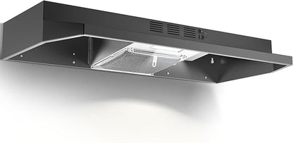 Under Cabinet Range Hood 36 inch, Ducted/Ductless Vent Hood with 2 Speeds Fan, Black Range Hood with Rocker Button Control, Kitchen Hood 280CFM, Bright LED Light