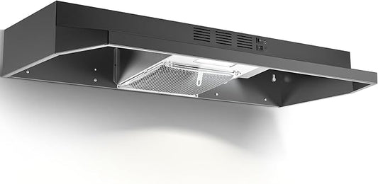 Under Cabinet Range Hood 36 inch, Ducted/Ductless Vent Hood with 2 Speeds Fan, Black Range Hood with Rocker Button Control, Kitchen Hood 280CFM, Bright LED Light