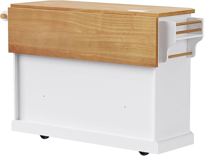 Ball & Cast 56" Large Modern Kitchen Island with Rubber Wood Veneer Drop Leaf, Power Outlet, 6 Drawers, 4 Door Shelves, White