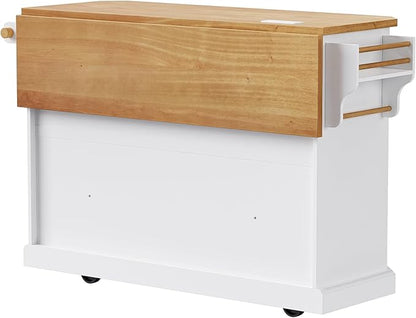 Ball & Cast 56" Large Modern Kitchen Island with Rubber Wood Veneer Drop Leaf, Power Outlet, 6 Drawers, 4 Door Shelves, White