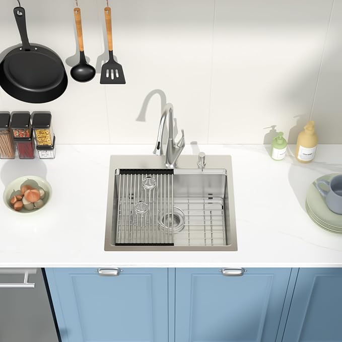 Drop in Bar Sink Workstation 21x20 Inch 16 Gauge Stainless Steel Handmade Topmount Kitchen Sink Single Bowl - 8 Inches Deep RV Sink