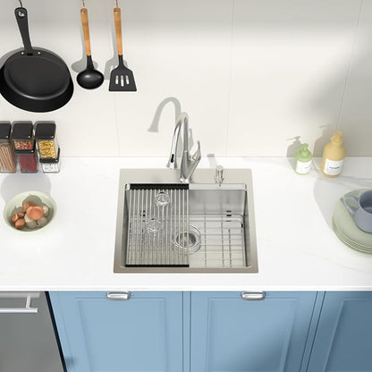 Drop in Bar Sink Workstation 21x20 Inch 16 Gauge Stainless Steel Handmade Topmount Kitchen Sink Single Bowl - 8 Inches Deep RV Sink