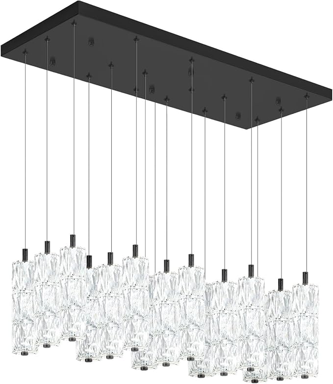 ykolupty Modern Crystal Chandelier 16-Lights Rectangular Chandeliers LED Dimmable Black Linear Chandelier Flush Mount Crystal Pendant Light for Living Room Dining Room Foyer