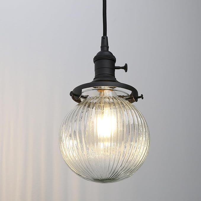 Phansthy Kitchen Island Lighting, 3 Lights Linear Chandeliers, Hanging Light with 5.9" Globe Striped Glass Shade, 3-Light Pendant Light Fixtures for Dining Room Farmhouse (Black, Round Base)