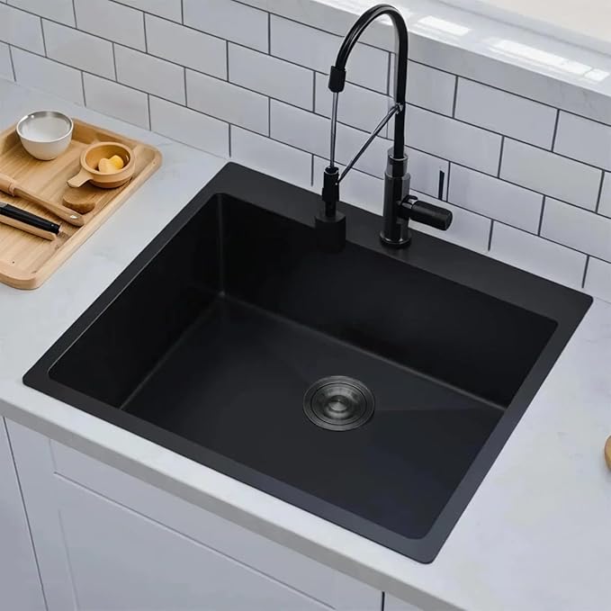 Comllen 22x18 Inch Black Kitchen Sink,Drop In 16 Gauge RV Small Kitchen Bar Sinks,Stainless Steel Topmount Outdoor Prep Single Bowl Workstation Wet Bar Sink