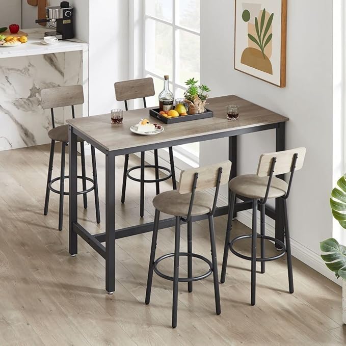 Bar Table Set for 4 with 4 PU Upholstered Stools, Pub Bistro Dinning Table and Stools with Backrest, Counter Height Bar Table Set for Apartment, Kitchen, Small Space