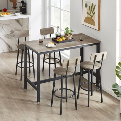 Bar Table Set for 4 with 4 PU Upholstered Stools, Pub Bistro Dinning Table and Stools with Backrest, Counter Height Bar Table Set for Apartment, Kitchen, Small Space