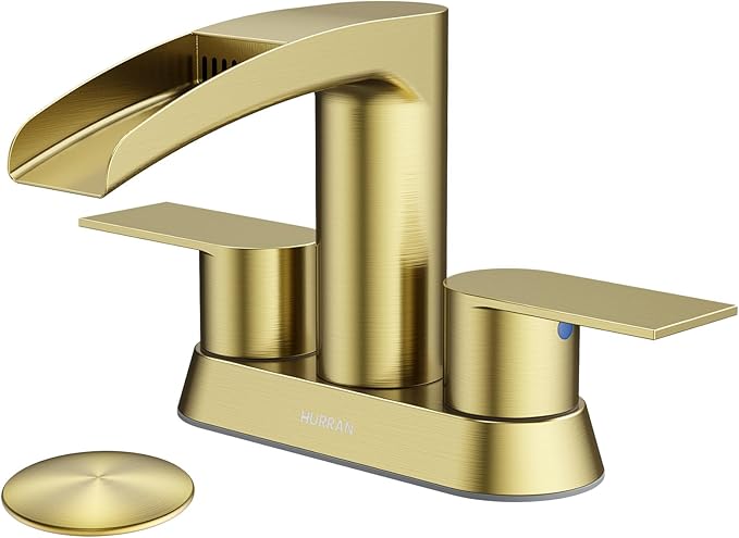 Bathroom Sink Faucet for 3 Hole, Hurran 4 Inch Faucets with Pop-up Drain, Stainless Steel 2-Handle Waterfall Faucet for Bathroom Sink, Brushed Gold