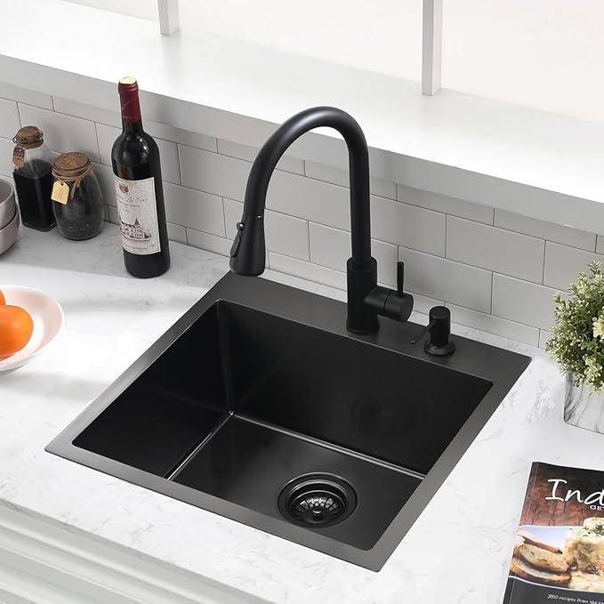20-inch Drop In Bar Sink Black - VOKIM 20"x 19" Drop in Kitchen Sink Top Mount Handmade Small Kitchen Bar Sink 16 Gauge Stainless Steel Single Bowl sink Brushed Nickel, With Dish Grid