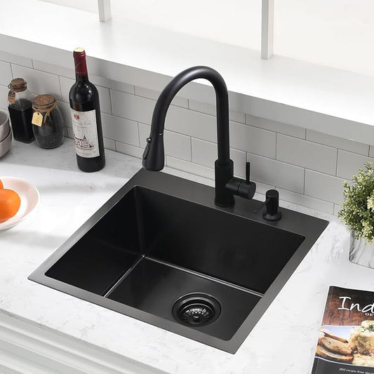 20-inch Drop In Bar Sink Black - VOKIM 20"x 19" Drop in Kitchen Sink Top Mount Handmade Small Kitchen Bar Sink 16 Gauge Stainless Steel Single Bowl sink Brushed Nickel, With Dish Grid