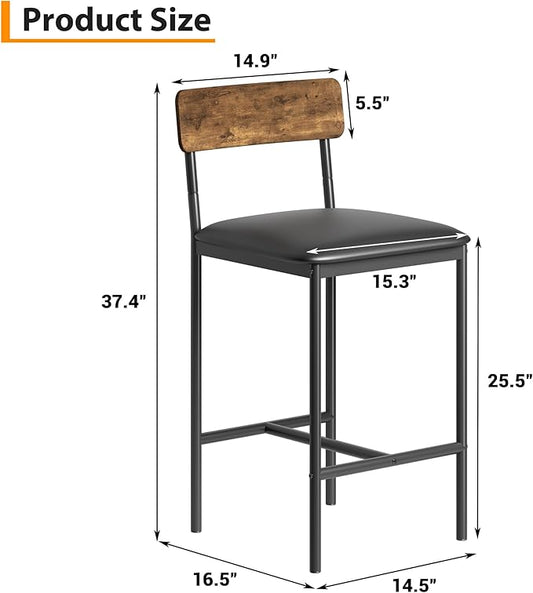 Takywep Bar Stools Set of 2 with Backrest & Footrest, Counter Height Upholstered Barstools with Wide Seat, Faux Leather Bar Chairs for Home Bar, Dining Room, Kitchen Island, Brown