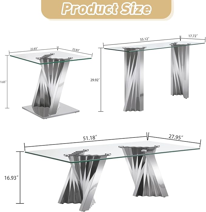 2 Piece Glass Coffee Table Set of 2 Modern Silver Living Room Table Set Include Coffee Table & Sofa Table,Tempered Glass Top with Stainless Steel Base for Home Office