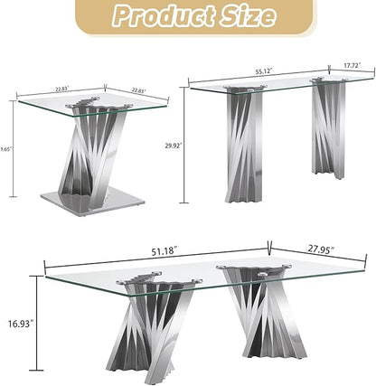 2 Piece Glass Coffee Table Set of 2 Modern Silver Living Room Table Set Include Coffee Table & Sofa Table,Tempered Glass Top with Stainless Steel Base for Home Office