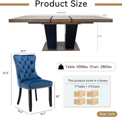 Goujxcy 5-Piece Extendable Dining Table Set for 4-8 People 63-78 Inch Kitchen Table Set with 4 Velvet Upholstered Chairs Farmhouse Rectangular Dining Room Table Set for Kitchen Dining Room Apartment